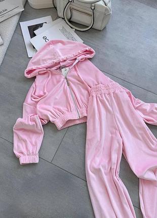 Костюм велюровый спортивный базовый кофта на замок с капюшоном худи зепка брюки широкие комплект розовый белый черный