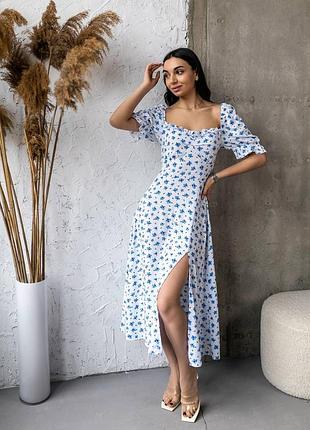 Женское платье-миди с разрезом на ноге, платье весеннее в цветочный принт с короткими рукавами