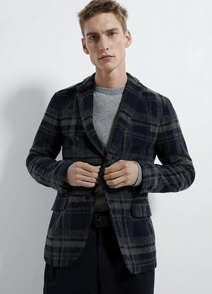 Zara man textured check blazer suit jacket long sleeve blue gray чоловічий блейзер, жакет