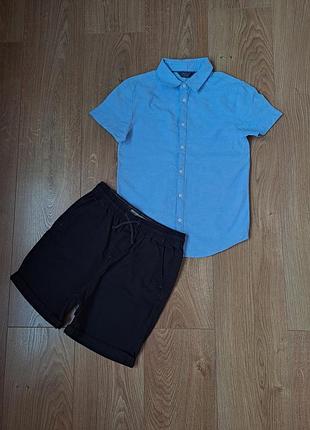 Летний набор для мальчика/голубая рубашка тенниска с коротким рукавом для мальчика/чкрные шорты