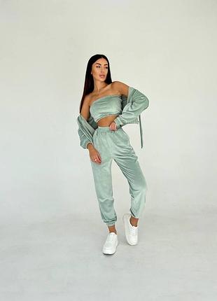 Велюровий костюм трійка з топом  оливкового кольору