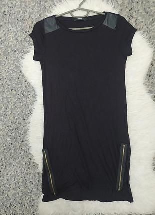 Платье женское мини из вискозы черное с застежками и кожаными вставками george размер s-m (120425d)