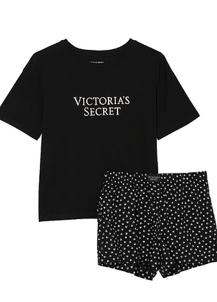 Victorias secret комплект для дома пижама футболка и штаны cotton short tee-jama set black hearts