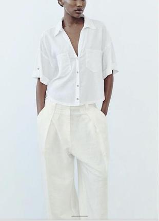 Льняная укороченная рубашка с короткими рукавами zara короткая летняя 2186/716