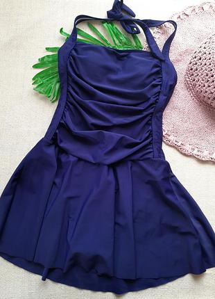 Темно синій суцільний купальник плаття