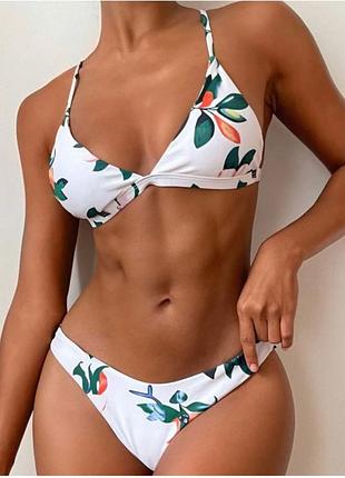 Роздільний купальник zaful ліф трикутники, плавки чайка, білий з зеленим принтом розмір м