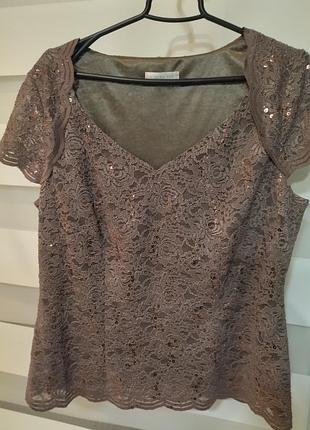 Женская блуза кофейного цвета, кружево, немного пайеток, элегантная, нарядная, бренда jacques vert