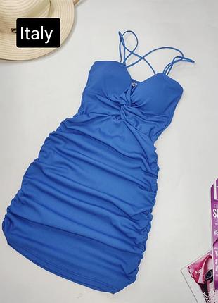 Платье женское мини синяя на бретелях со сборками от бренда italy s