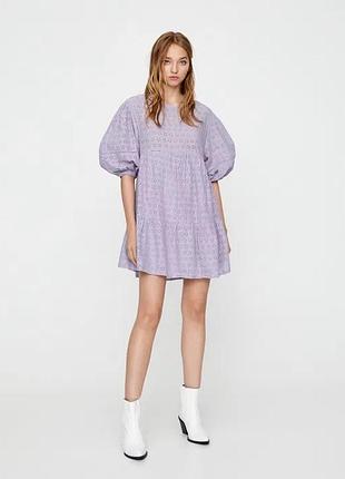 Лавандовое коттоновое платье из прошвы объемные рукава h&amp;m
