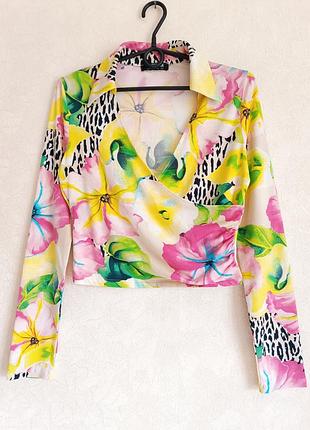 Укороченная облегающая блуза топ трикотажная короткая блузка