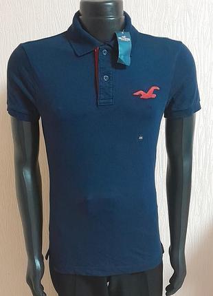 Крутое поло синего цвета hollister california epic flex stretch made in vietnam с биркой