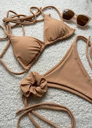 Бежевий матовий купальник ліф трикутники та трусики бразиліани, роздільний купальник ліф трикутникам