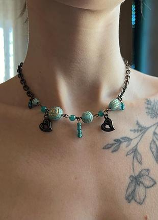 Ожерелье бирюзовое винтажное бронзовое этно бохо хэндмейд с подвесками из бусин