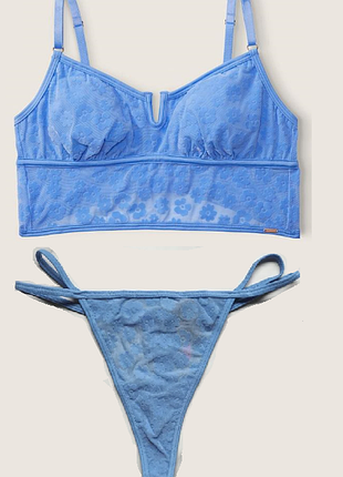 Victorias secret комплект белья трусики и бралет flocked mesh bralette cornflower blue daisy pink