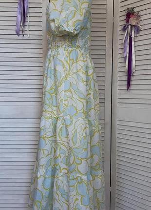 Натуральное платье миди в принт, на резинках из смесевого льна marks & spencer6 фото