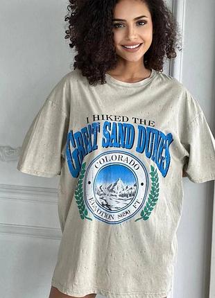 Жіноча якісна футболка бавовняна оверсайз вільного крою подовжена з малюнком