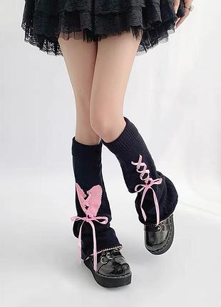 Гетры-клеш черные срозовыми бантиками 5762 широкие гетры под коленку объемные аниме стиль сердце пудра