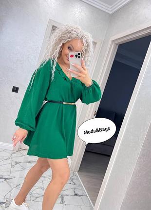 Женское свободное легкое платье с длинным рукавом оверсайз р. 42/48 зелёный