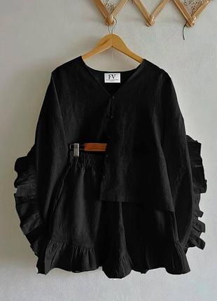 Женский черный льняной костюм двойка свободного кроя