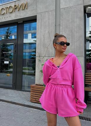 Жіночий яскравий рожевий спортивний костюм зіп-худі і шорти вільного крою 42-46