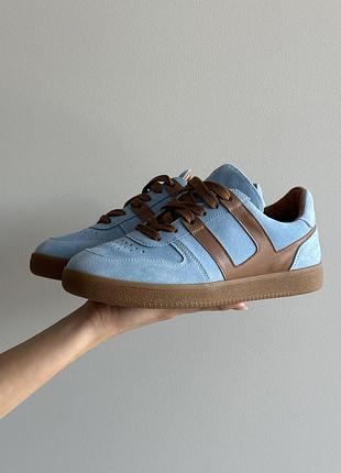 Кеды женские голубые из нубука со вставками кожи коричневого цвета