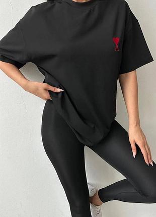 Женский черный костюм двойка футболка лосины кулир 42-44 46-48