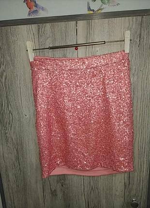 Яркая юбка в пайетках, розово- коралловая wow