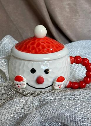 Чашка новорічна snowman фарфорова з кришкою та ложкою 380 мл (r32285-1)