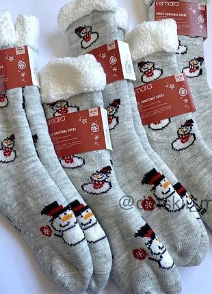 Носки с новогодним принтом серые со снеговиком esmara 36-38 39-42 тёплые высокие меховые