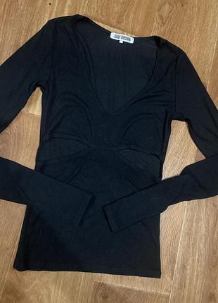 Лонгслів y2k трикотажний бавовняний в рубчик з фігурними вирізами під грудью чорний usa