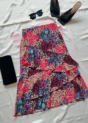 100% вискоза, миди юбка с воланами, tu, s, пэчворк, цветочный принт 🤩