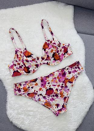 Роздільний купальник з акварельним принтом квіти на кісточках