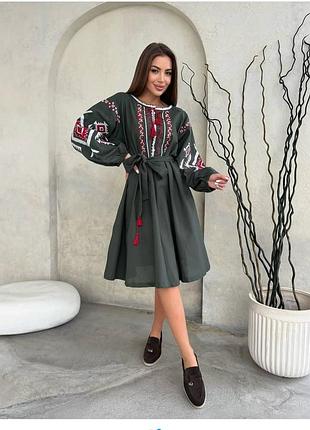 Якісна вишита сукня хакі бавовна