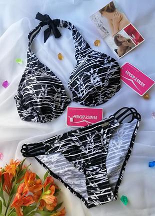 Раздельный купальник с чашками venice beach черно белый халтер топ 75e-f/m