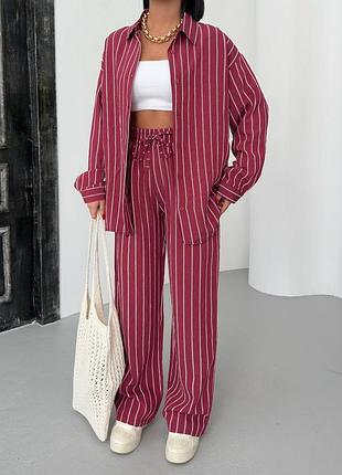 Женский костюм в полоску полосатый рубашка и + штаны из натуральной ткани летний бордовый