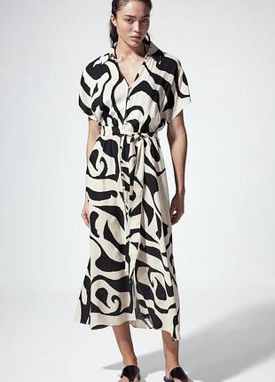 Платье рубашка трапеция с поясом миди цвет кремовый черный узор абстракция &m л-хл 100% вискоза
