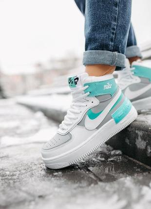 Женские кроссовки nike air force shadow white/mint high fur (мех)