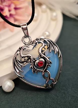 🔺💙🐲 кулон серце з драконом з місячного каменю (опаліту)