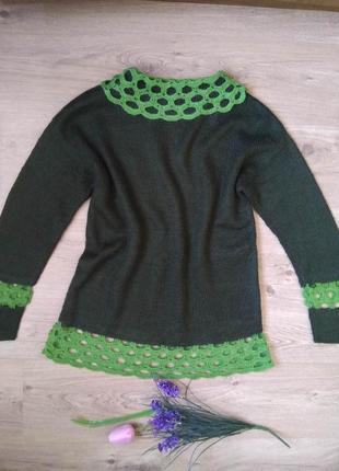 Женский свободный вязаный зелёный свитер hand made пуловер джемпер оверсайз4 фото