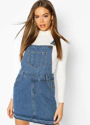 Новый джинсовый сарафан boohoo синий голубой сарафан из джинса джинсовый комбинезон с юбкой