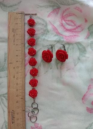 Комплект серьги и браслет женские красные розы