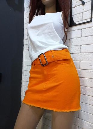 Стильная,фирменная, ярка, оранжевый,короткая, коттоновая, джинсовая, юбка, с поясом
