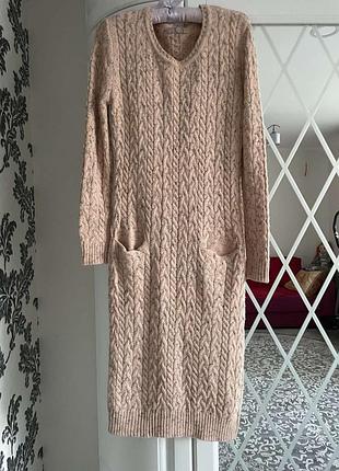 Платье вязаное косами с шерстью