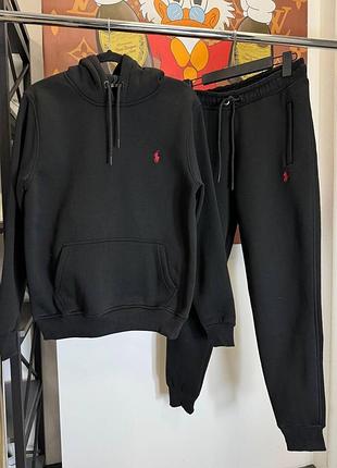 Черный мужской теплый спортивный костюм на флисе худи штаны в стиле ralph lauren