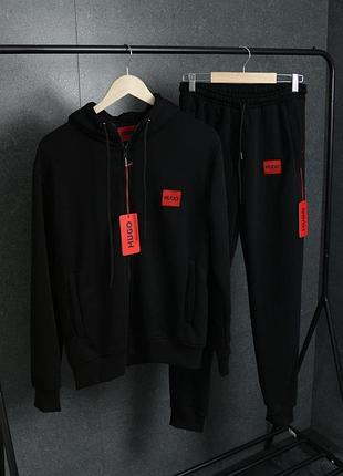 Черный мужской теплый спортивный костюм на флисе худи брюки в стиле hugo boss на молнии