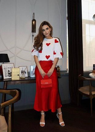 Жіноча червона шовкова спідниця міді батал