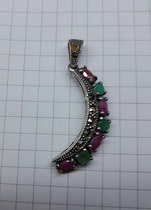 Подвеска месяц с марказитами рубинами изумрудами натуральными