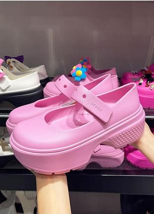 Крокс стомп босоніжки платформа рожеві crocs stomp mary jane pink tweed / pink