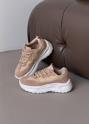 Кроссовки замшевые бежевые сеточка на повышенной подошве 11157