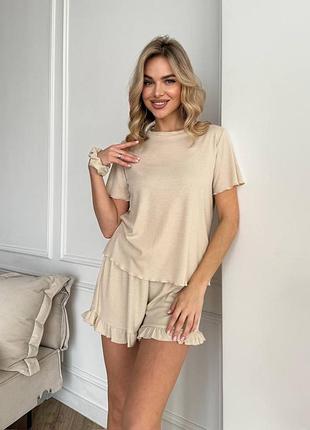 Женский трикотажный домашний костюм | футболка, шорты, резинка для волос| 1580